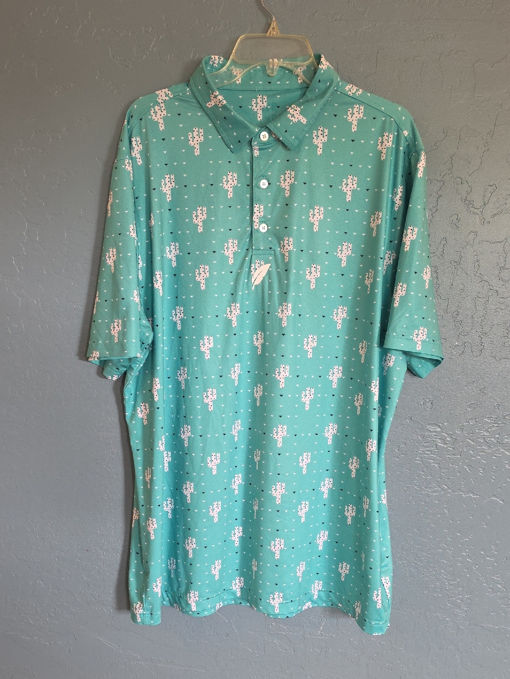 NVR LND Golf Teal Short-Sleeve Polo with White Cactus Print